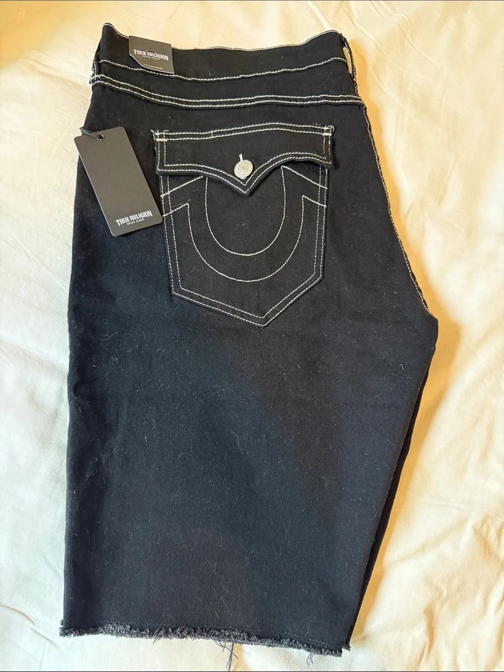 True Religion Black Denim Cutoff Shorts with White Stitching